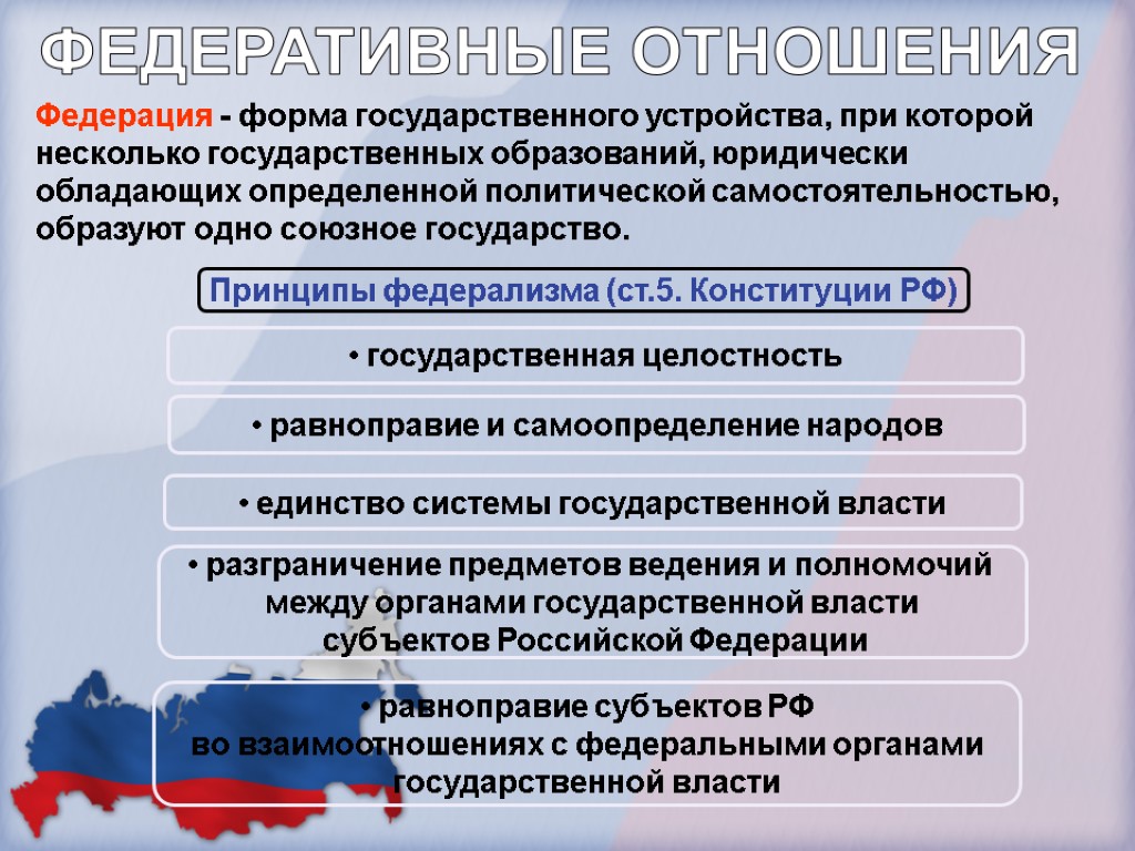 ФЕДЕРАТИВНЫЕ ОТНОШЕНИЯ Федерация - форма государственного устройства, при которой несколько государственных образований, юридически обладающих